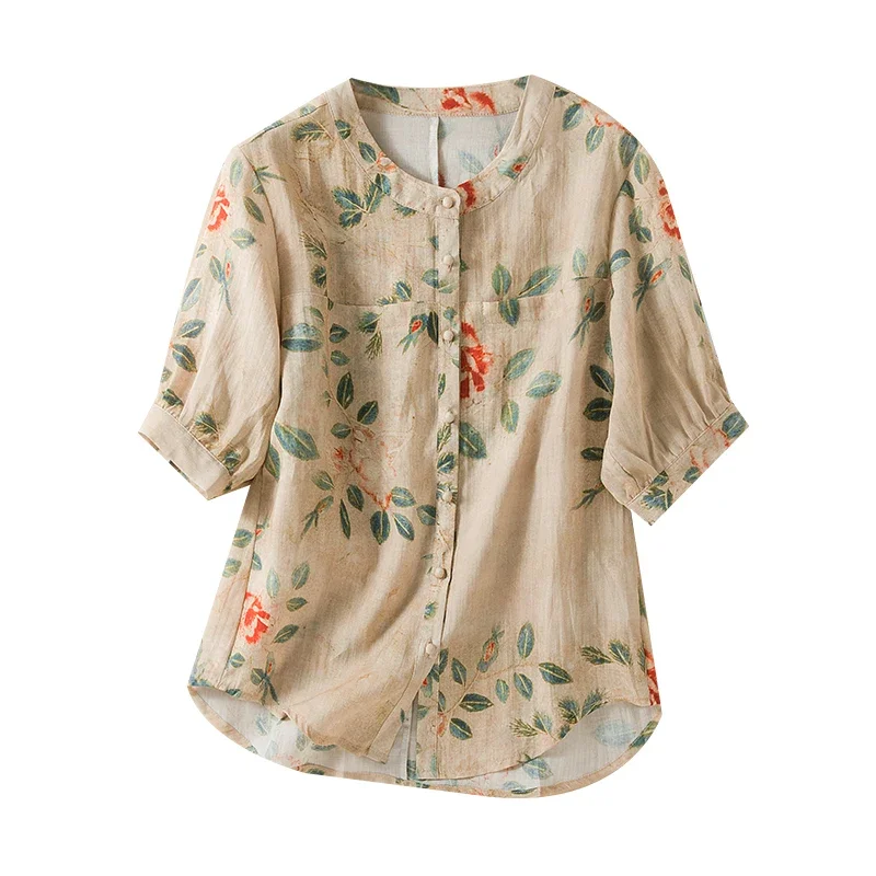 Chinese Style Women's Shirt Summer Cotton Linen Vintage Blouses Loose Prints Women Tops Fashion Clothing