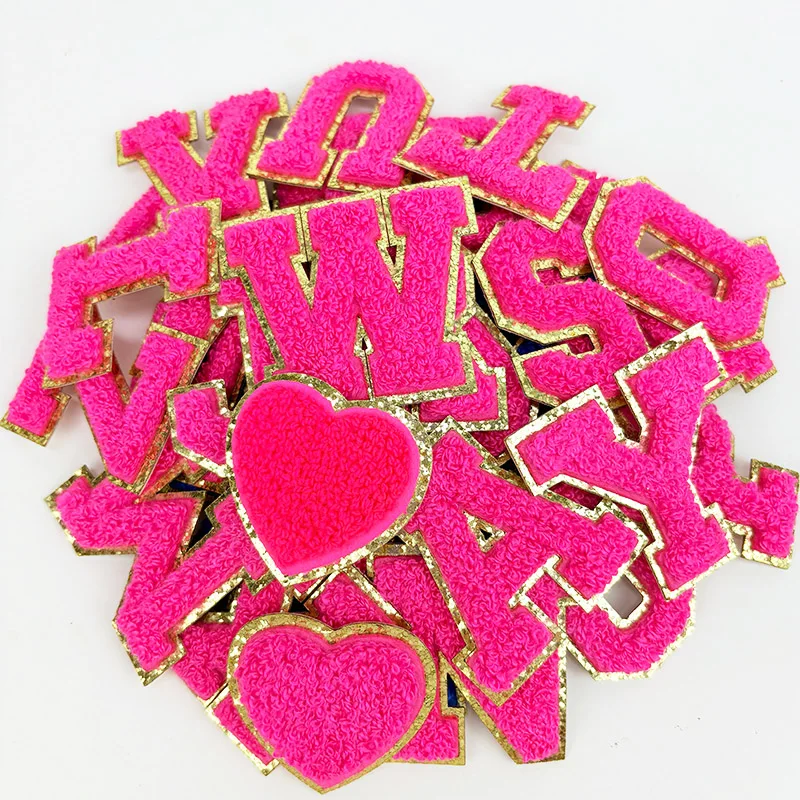 Rose Red Letters Sticker Patch Alphabet Towel Embroidered Chenille Patches for Clothing Bag Jacket Stick on Accessories Applique