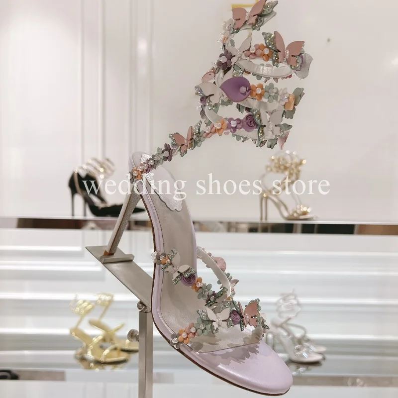 New Fairy Wind Flower Butterfly Serpentine Embellished High-Heeled Sandals Round Toe Stiletto Heels Sexy Wedding Woman Sandals