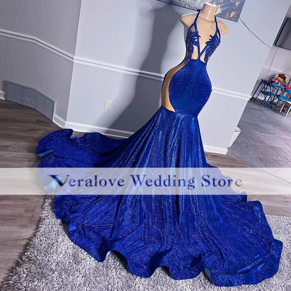 Vestido de fiesta de sirena con cuello Halter y lentejuelas, traje de fiesta de boda, color azul real, 2022