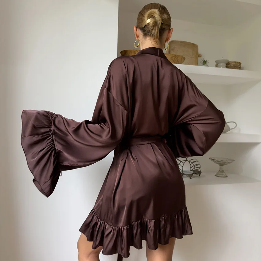 New European and American Satin Sleepwear with Suspender Nightgown, Ruffled Long Sleeved Lace Up Nightgown Two-piece Set for Wo