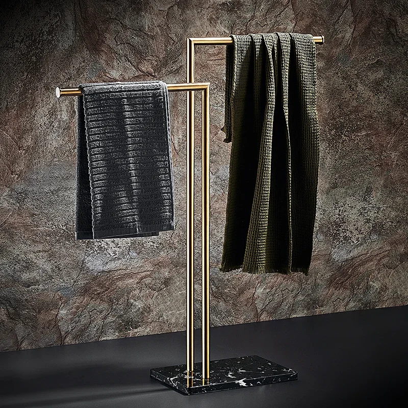 

Marble & Brushed Gold Towel Rack, Floor Standing Luxury Hotel Style Bathroom Organizer with Shelf, Towel Holder