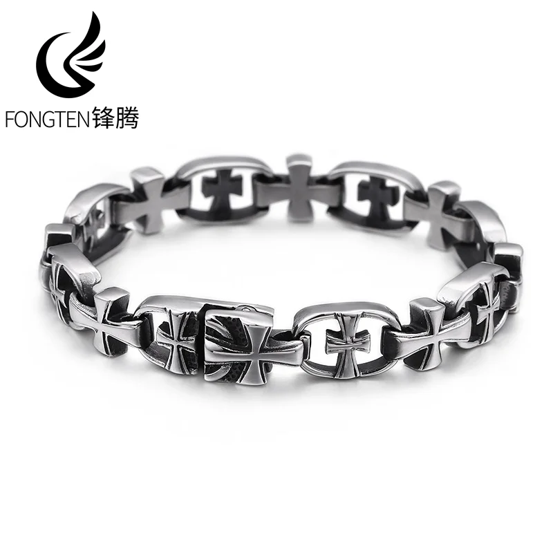 

Fongten Trendy Men's Stainless Steel Cross Bracelet Punk Hip Hop Wrist Ornament Fashion Jewelry Banquet Boyfriend's Gifts