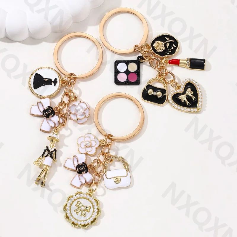 Pretty Women Round Bow Knot Preal Flower Heart Bag Enamel Keychain Love Rose Key Ring For Women Men Handmade Jewelry Set Gift