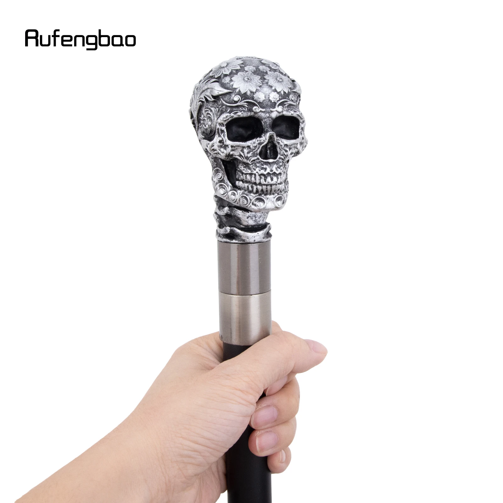 Silver Resin Rose Flower Skull Head Cane Decorative Cospaly Cane Halloween Mace Wand Crosier Performance Stage Cane 94cm