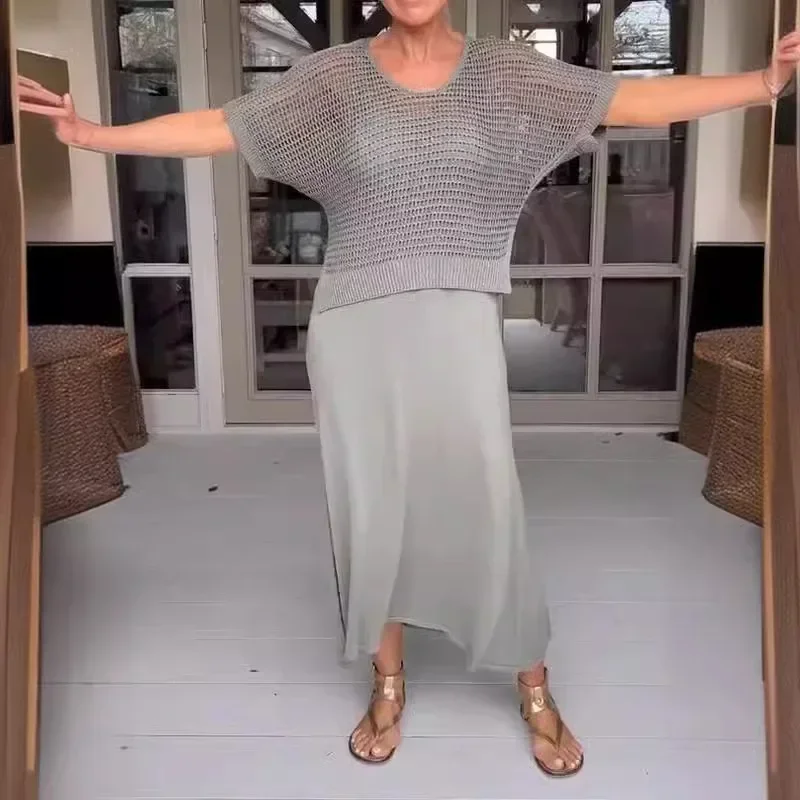 

ALLUKASA 2025 женский комплект из двух предметов, вязаный свитер с короткими рукавами и широким сарафом с высокой эластичной резинкой на талии