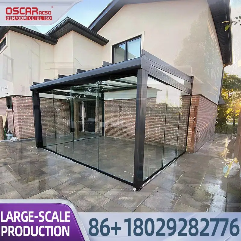 Modern Design Square Aluminum Alloy Retractable Glass Sunroom with Powder Coated Frame LED Display Garden Gazebo for Backyards P