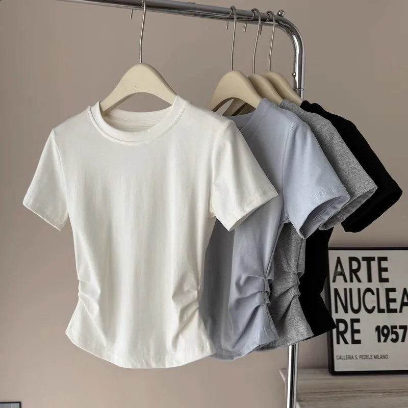 Women's Slim Fit ort Sve T-irt Summer New Sle Korean Version Pure Desire Waist Cinched Pleated Top GIMA Commute Sle