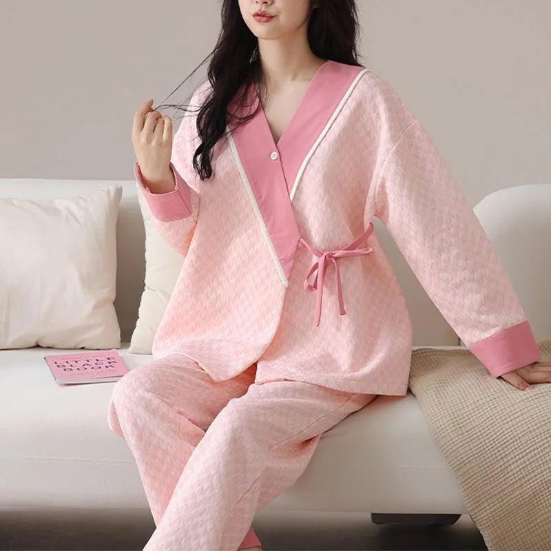 マタニティナイトウェアセット調節可能なエアコットン産後授乳服妊婦パジャマ秋-冬に適した