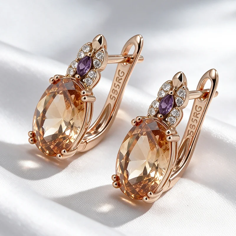 Wbmqda Glänzende 20*8mm Champagner-Stein-Ohrhänger für Damen 585 Roségoldfarben Modischer Urlaubsschmuck Accessoires – Detail 1