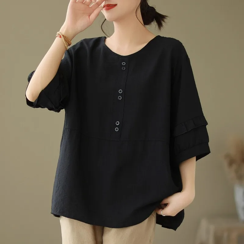 O-Neck Three Quarter Cotton Linen Comfortable Thin Top Large Size Female Clothing Summer Loose Elegant Solid Color Fashion Tees