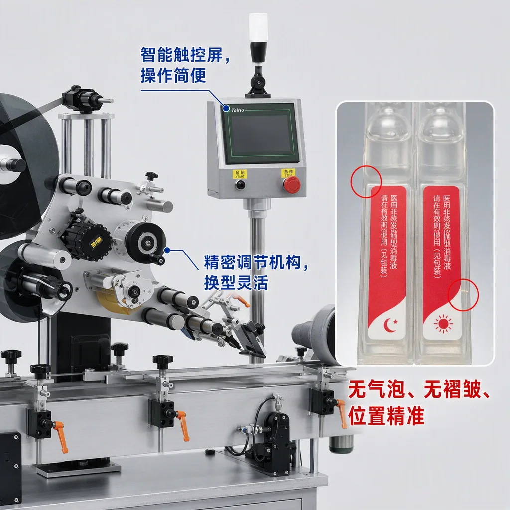High-speed automatic transparent label labeling machine on the upper plane of the tail of the plastic ampoule