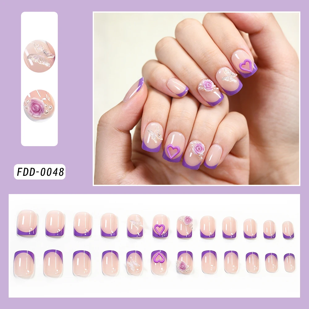 24Pcs Short Square Purple Love Heart Fake Nails Rose Butterfly Charm Full Cover Ballet French False Nail Women Press on Nails
