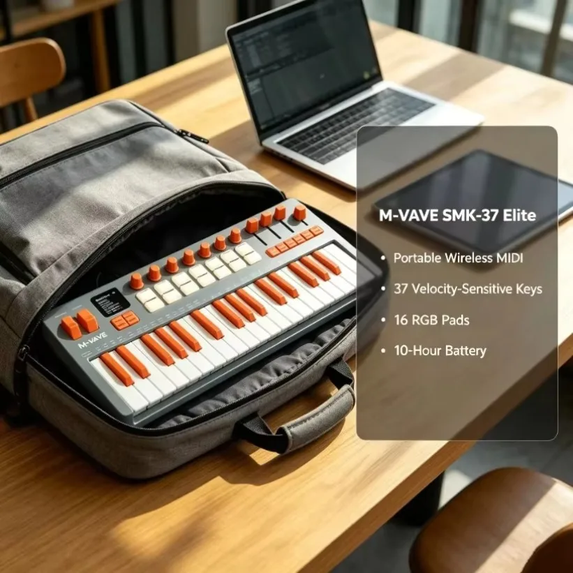M-VAVE SMK-37 Elite 37 Key MIDI Controller Velocity Sensitive Keyboard 16 Pads Aftertouch USB C Wireless Music Production