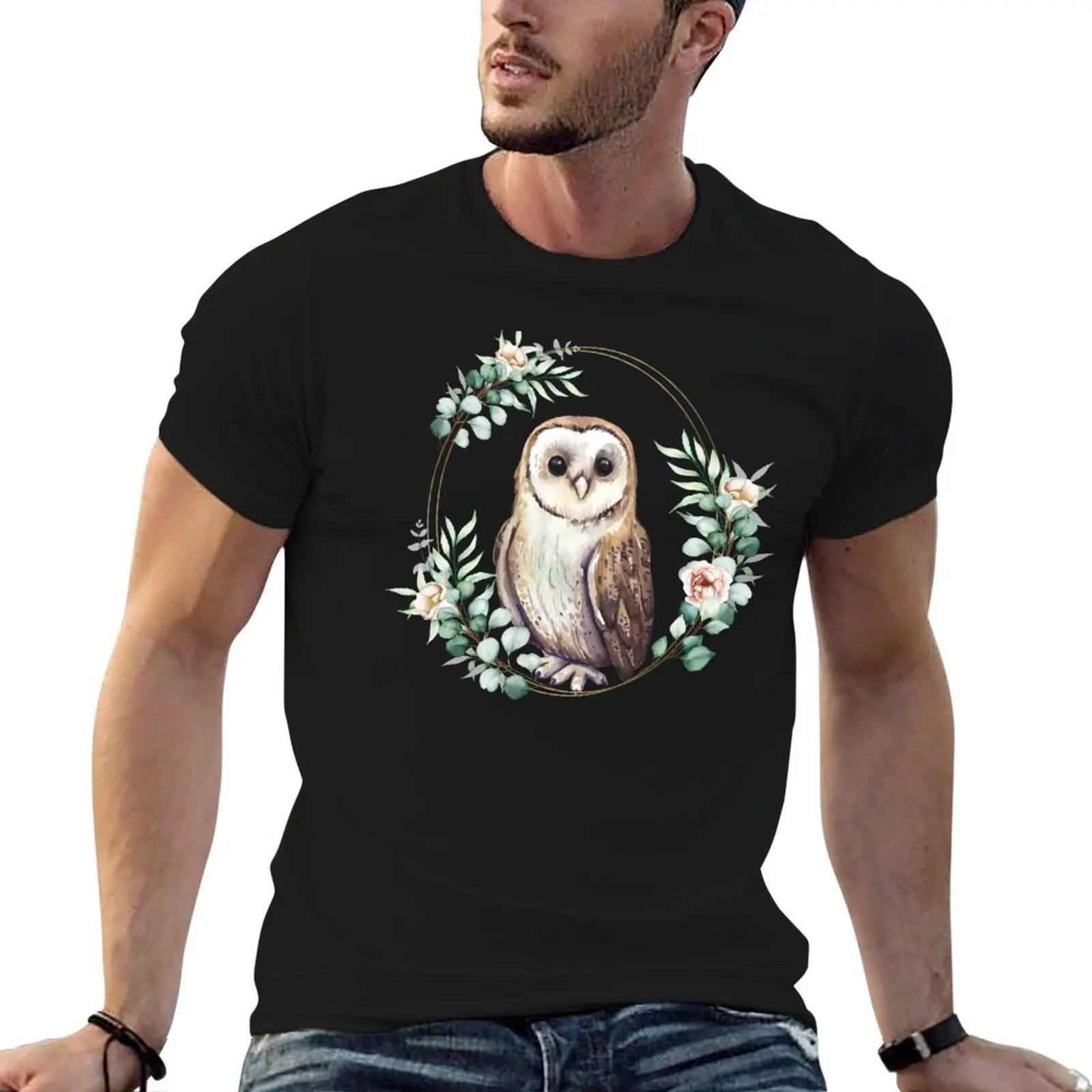 

Baby Barn Owl in a Floral Gold Wreath Frame T-Shirt t shirt man plain t shirts cotton 100% anime t shirts for man T-shirt