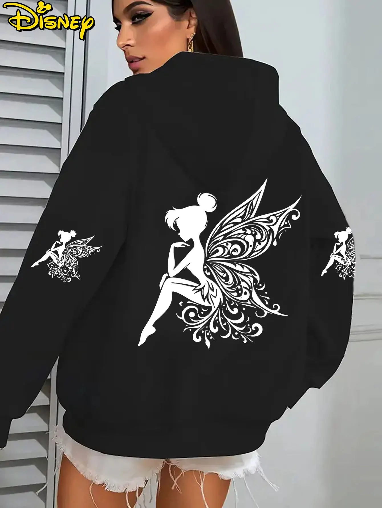 Unisex Disney Tinker Bell Baumwoll-Fleece-Hoodie, schwarze Farbe, Rücken- und Ärmelfee mit großem Flügel-Print-Design, lockere Passform