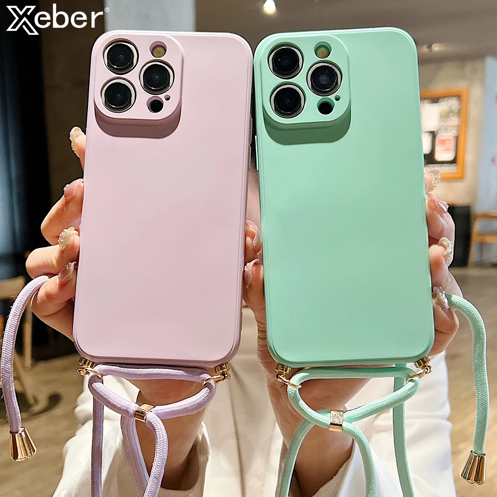 Crossbody Necklace Strap Liquid Silicone Phone Case For iPhone 15 Pro Max 14 Plus 13 12 11 Camera Protection Shockproof Cover