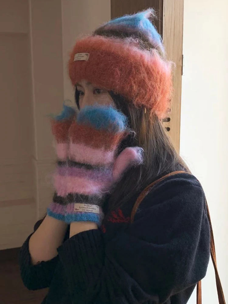Striped Rainbow Beanies Hat Gloves Two Piece Set For Women&Men Winter Warm Skullis Hats Unisex Outdoor Coldproof Gloves Caps Set