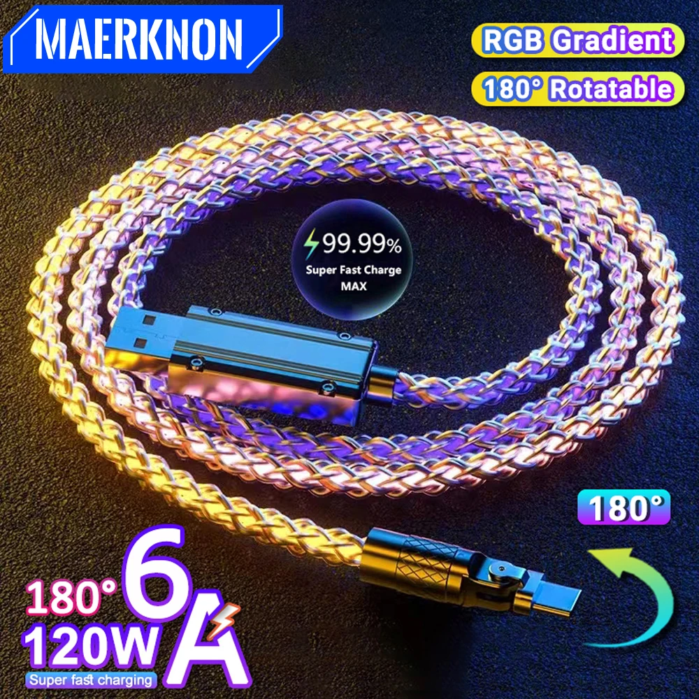 120W 6A USB To Type C Fast Charging RGB Color Data Cable For IPhone Samsung Huawei Xiaomi wall Charge Cord Charging Cables