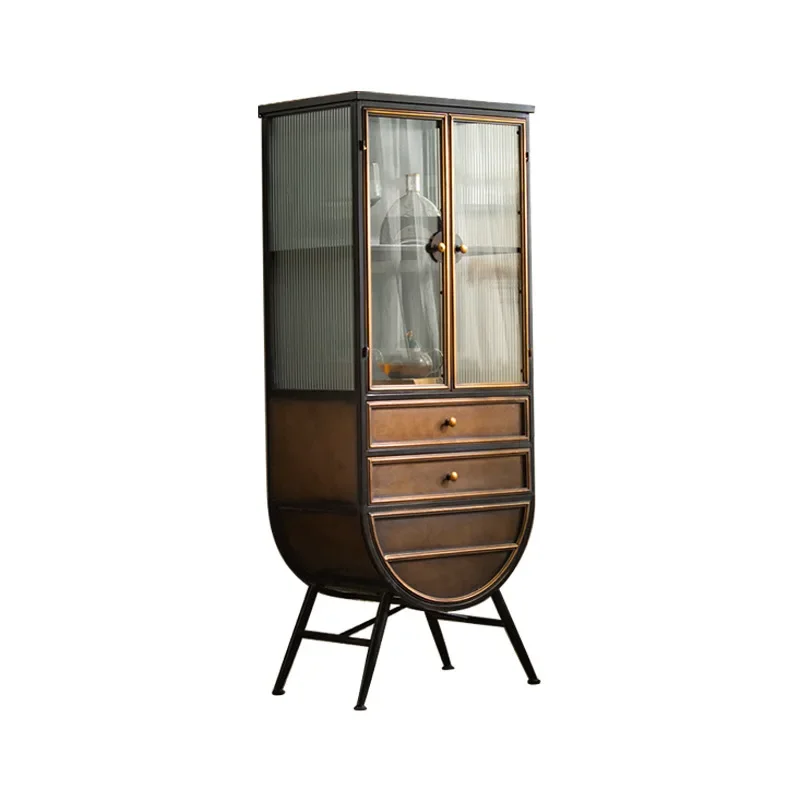 American retro old wrought iron dining side cabinet, French simple multi-functional glass cabinet, living room storage