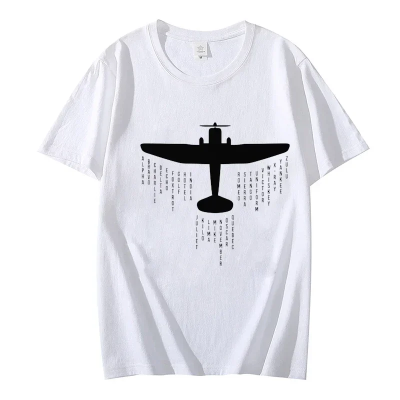 T-Shirts for Men Airplane Phonetic Alphabet Pilot Print Tee Shirts Homme Crewneck Short Sleeve T Shirt Funny Plus Size Clothes