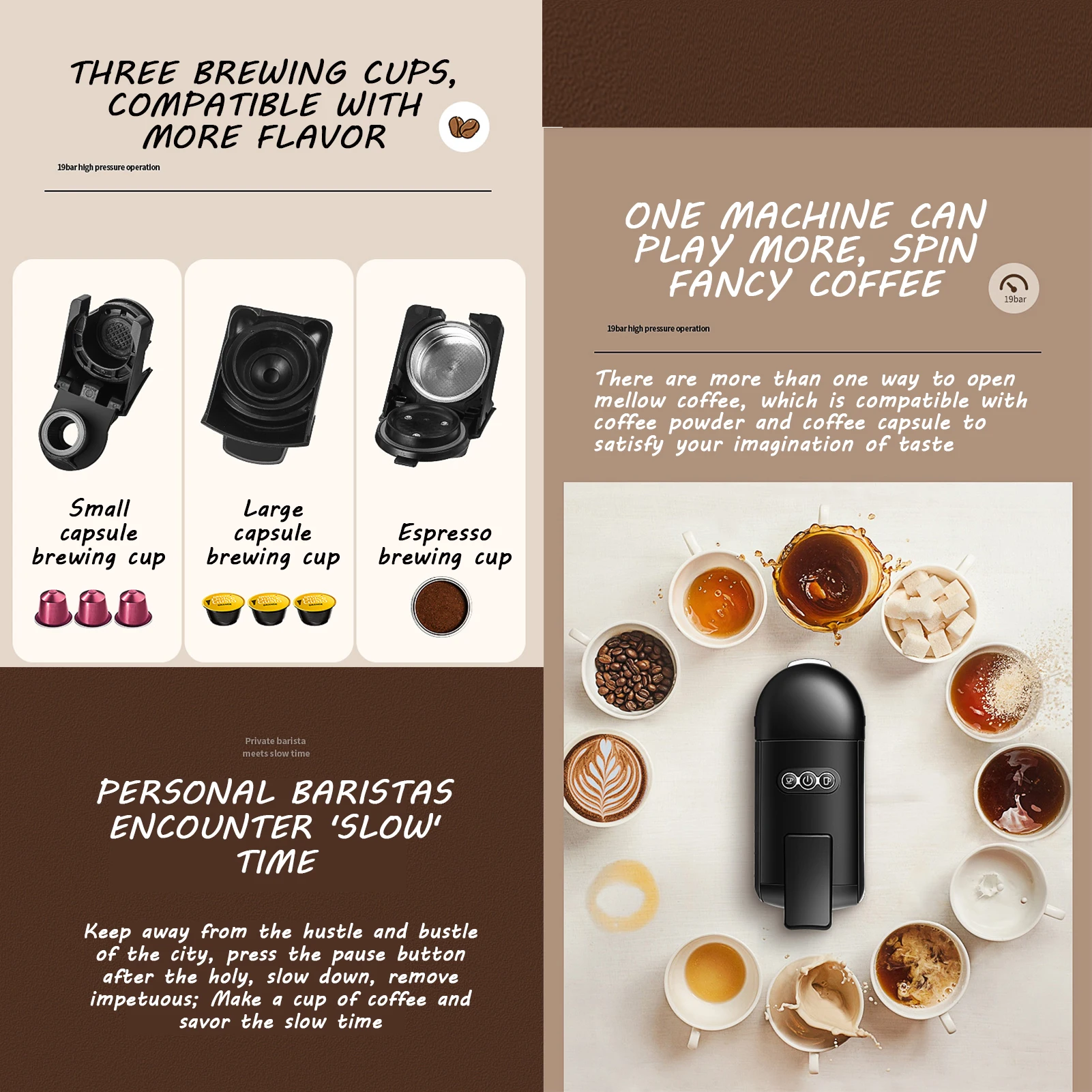 3-in-1 Coffee Machine with 19 Bar High Pressure, Compatible with Espresso Capsules and Powder, Customizable Brewing Sizes