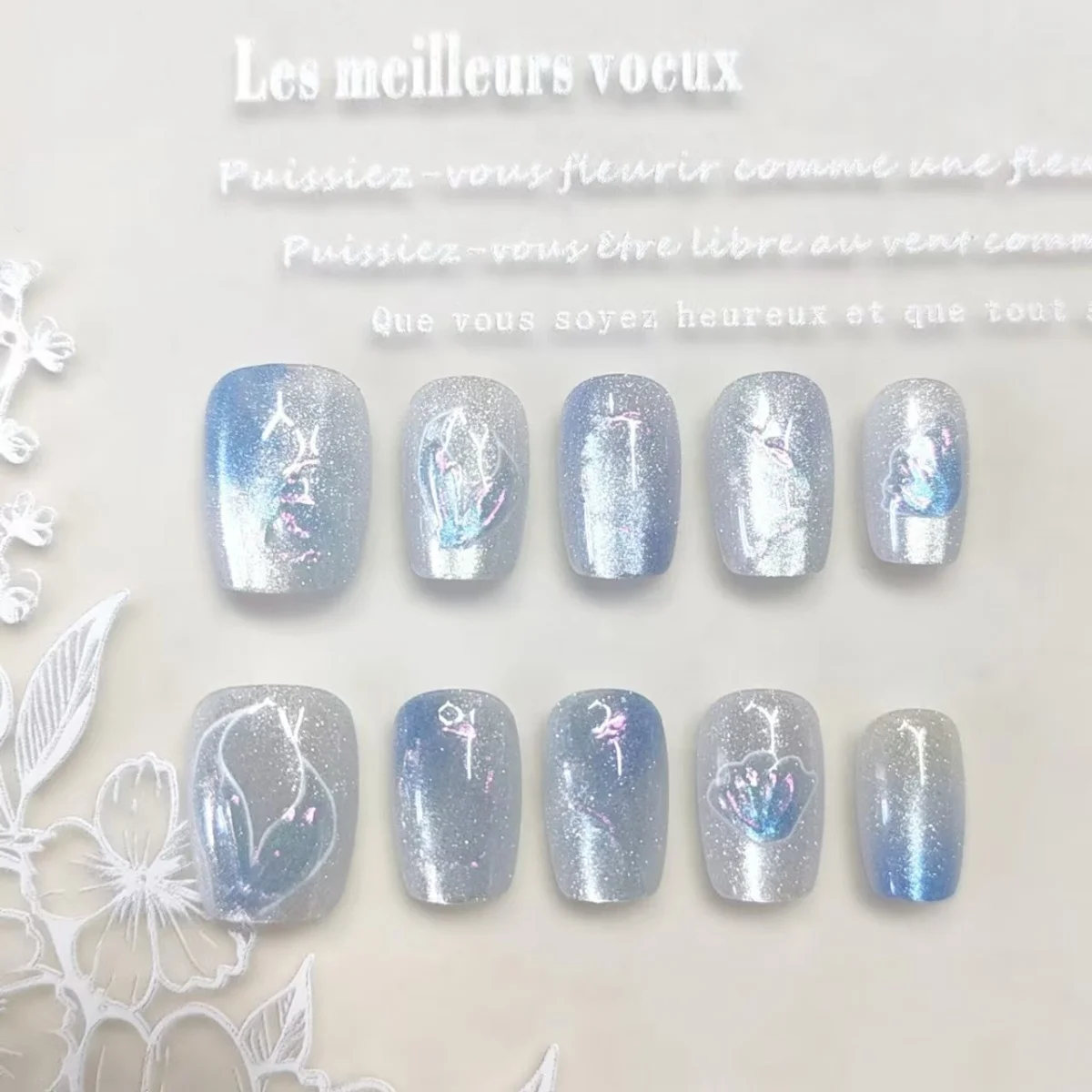 

10 шт., дизайн ногтей, синяя русалка, кошачий глаз, ручная работа, накладные ногти, квадратная головка, для девочек, леди, носимые съемные типсы для ногтей