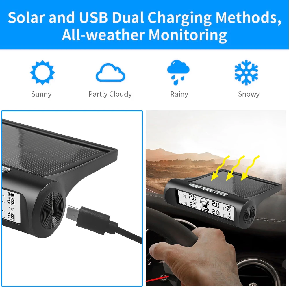 Solar Power Car Tire Pressure Alarm Digital Display Auto Smart TPMS Tyre Pressure Monitor System Temperature Warning Sensor