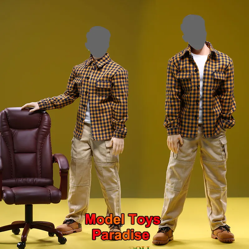 JO23M-05 1/6 Male Soldier Lapel Plaid Casual Shirt Work Slim Pants Model Accessories Fit 12inch Action Figure Body