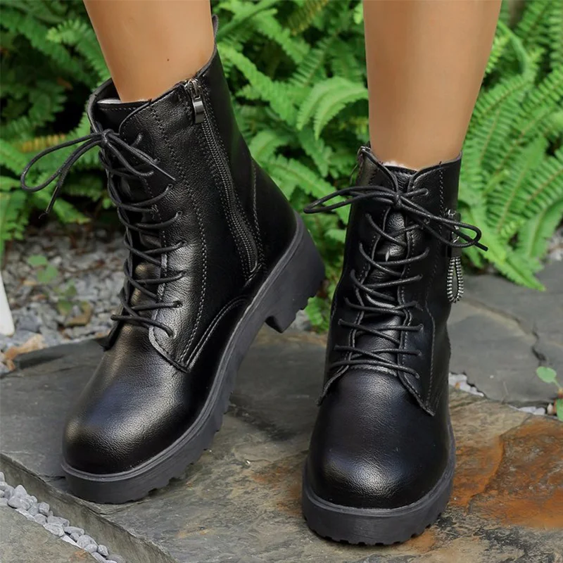 

Black Pu Leather Modern Boots for Women Autumn Winter Lace Up Platform Ankle Boots Woman Zipper Short Plush Booties Female