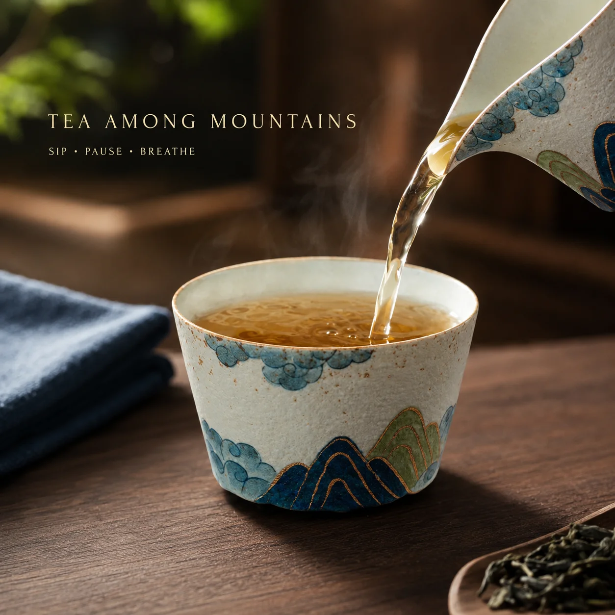 165ml Hand-painted Tracing Gold Green Mountain Teacup Creative Tea Bowl Mug Tea-tasting Smelling Cup Jianzhan Master Cups Teaset