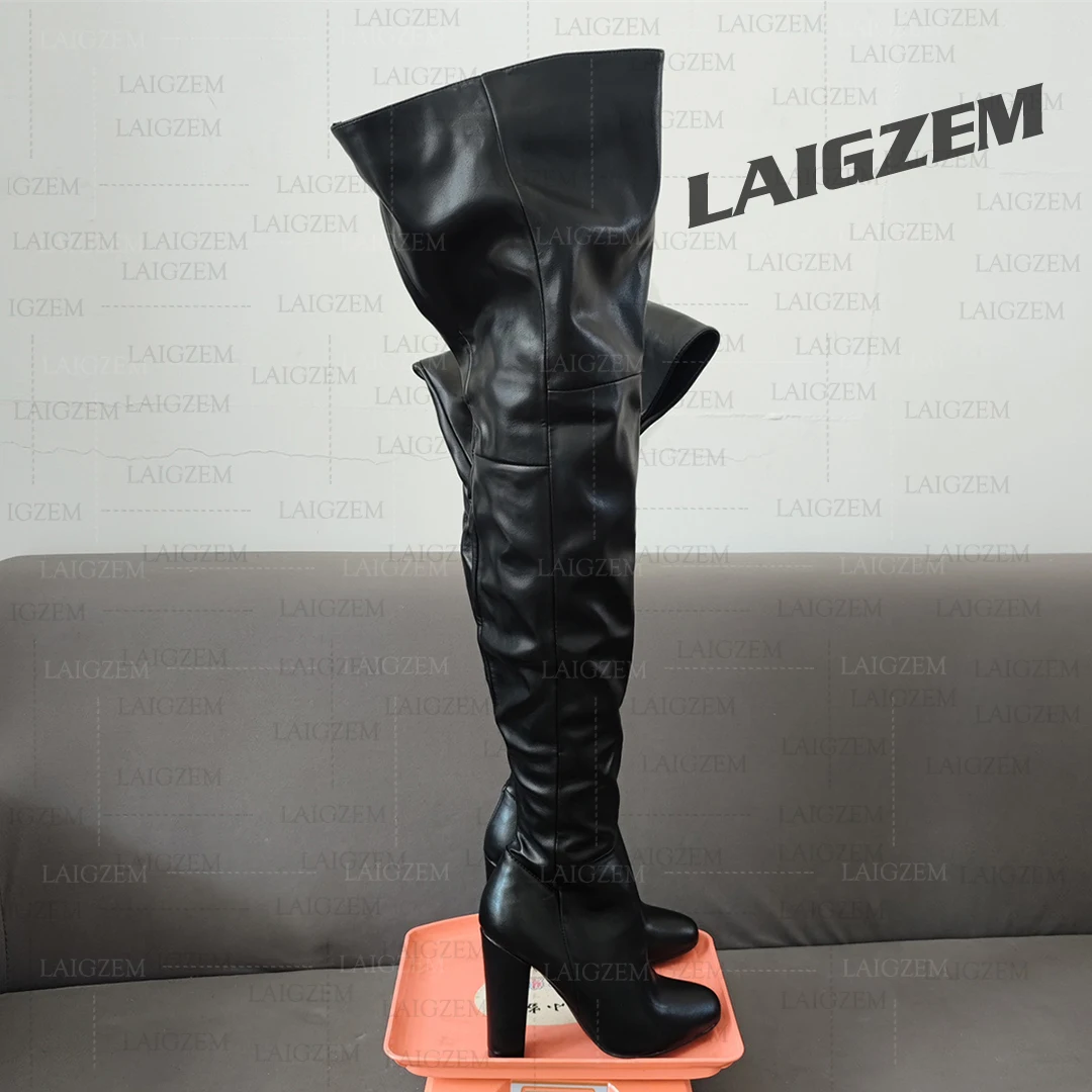 

LAIGZEM Women Thigh High Boots Zip Up Thick High Heels Boots Faux Leather Over Knee Boots Ladies Shoes Woman Big Size 44 47 52