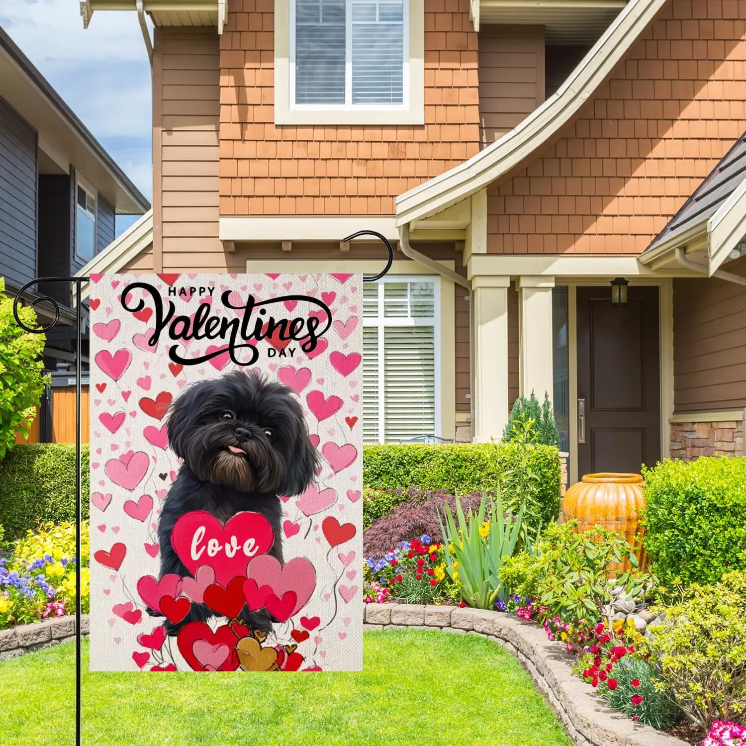 Happy Valentines Day Cute Black Shih Tzu Dog Gift Rose Garden Flag 12x18 Inch Double Sided Vertical Decoration Yard Small Fl YYD