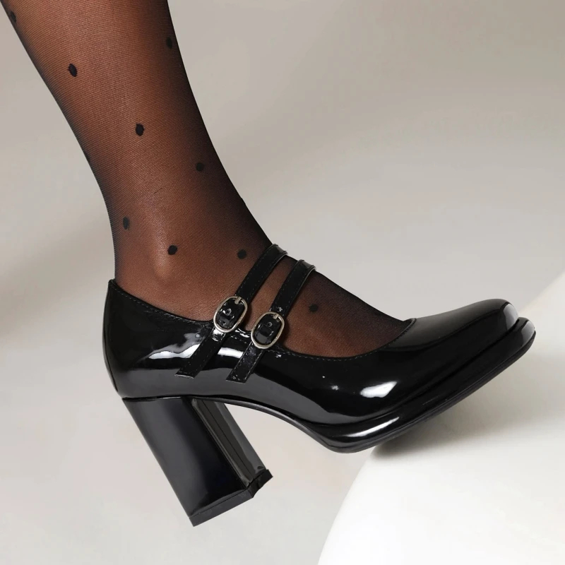 Women\'s Block High Heels Mary Janes Shoes 2025 Strap Dress Pumps Black White Block Heeled Wedding Office Shoes Female Large Size