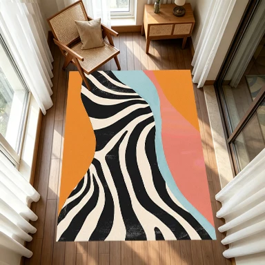 Modern Abstract Zebra Stripe Color-Blocked Square Carpet Non-Slip Floor Mat, Suitable for Living Room, Bedroom, Home Decoration