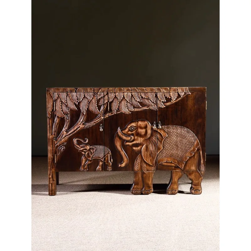 

retro solid wood relief elephant entrance cabinet, new Chinese locker South East Asia living room foyer decorative cabine