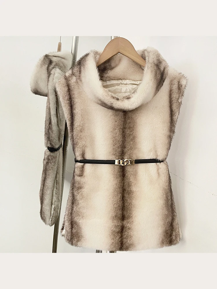 2026 Winter Spring Women Faux Fur Sable Vest Crop Top Solid  Turtleneck Eco Mink Faux Fur Tank Tops Pullover Jacket