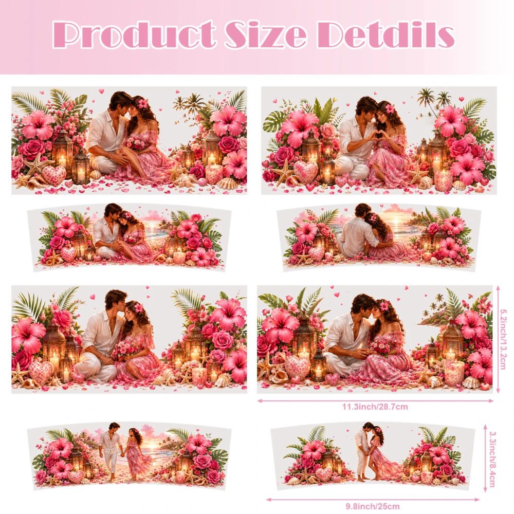 4 Sheets Romantic Couple Pink Flowers Lanterns Palm Trees Sunset Beach Heart Decorations UV DTF Stickers for 40oz Tumblers