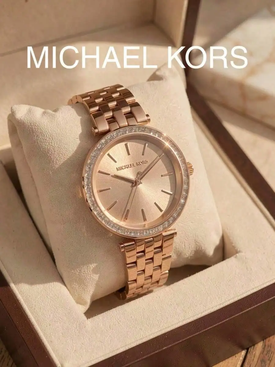 MICHAEL KORS Women's Watch Rose Gold Tone Navy Blue Leather Strap Crystal Bezel White Dial Minimalist Quartz Elegant Wristwatch