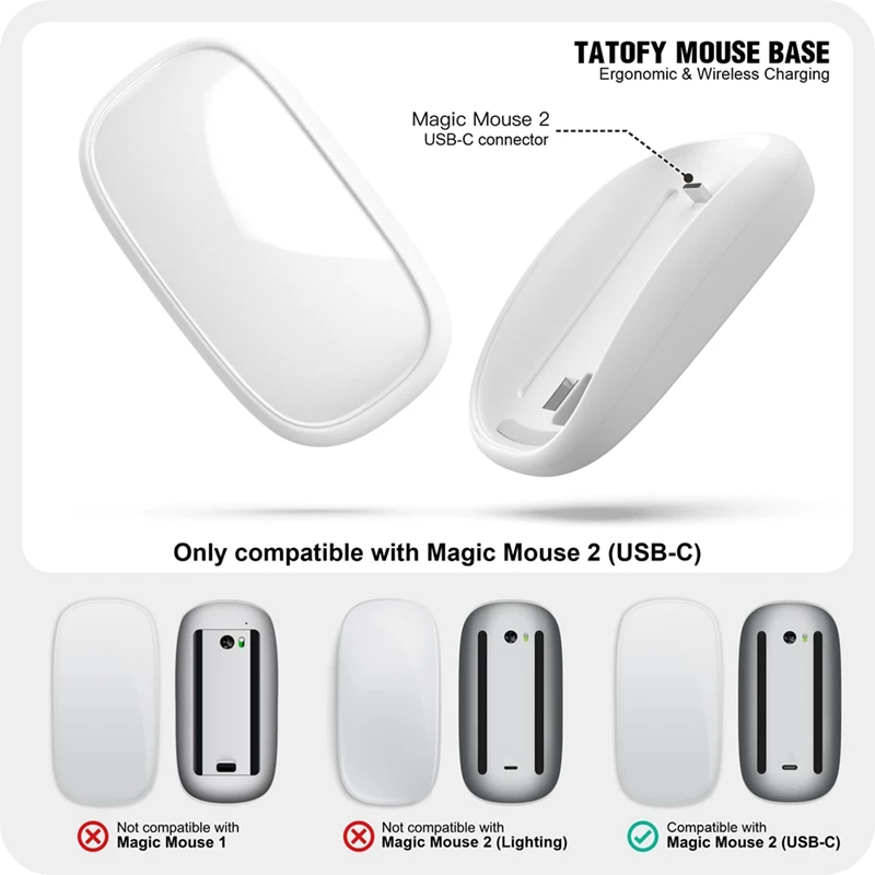 Mouse Charger for Magic Mouse 2 USB C Wireless Charging Support Ergonomic Grip&Mouse Base for Magic Mouse 2 White-ELEC