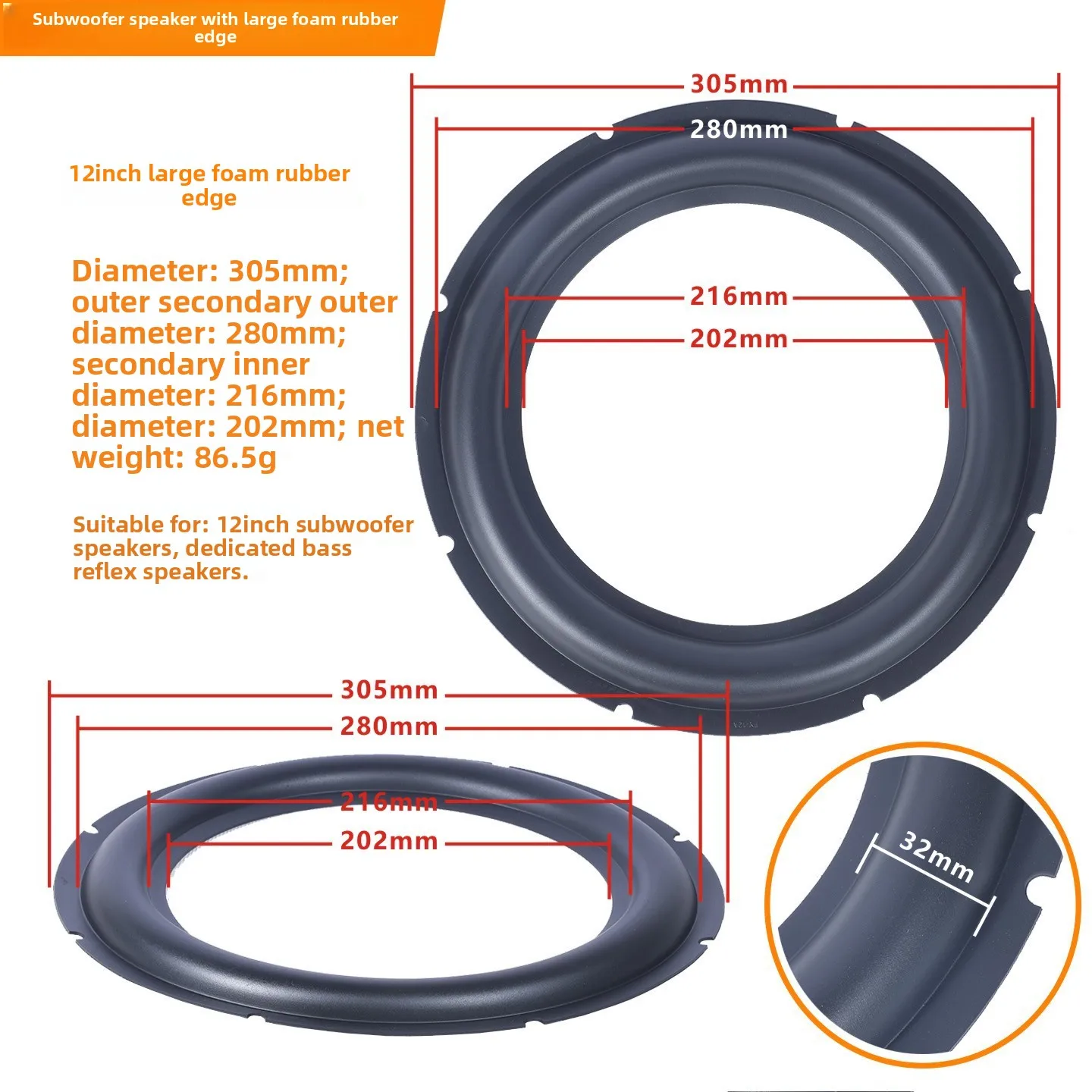 MW Audio, set van 2 rubberen randen voor luidsprekers, 6,5"/8"/10"/12", reparatieband voor de rand van een subwoofer.