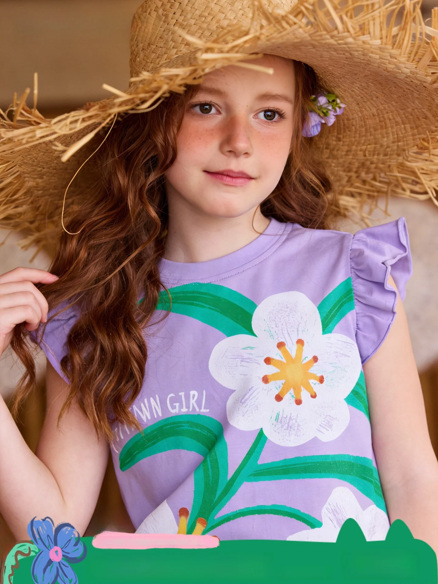 girls-short-sleeve-t-shirt-floral-print-summer-clothes-2026-new-children's-fleece-sleeve-top-wooden-ruffle-bottom-shirt