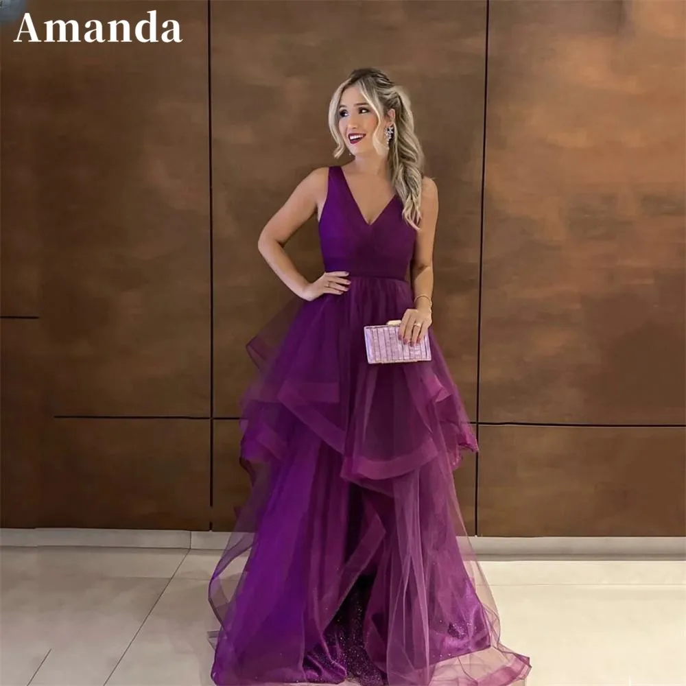 Amanda Purple V-neck vestidos de noche A-line Tulle Prom Dresses Elegant Sleeveless Dimensional Floor-Length Graduation Ceremony