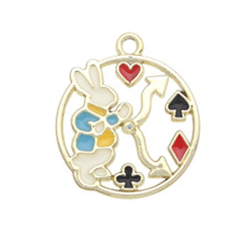 10pcs Handmade Diy Alice In Wonderland Charms, Poker Playing Card Clock Bunny Rabbit Pendants Round Enamel Earrings Accessories