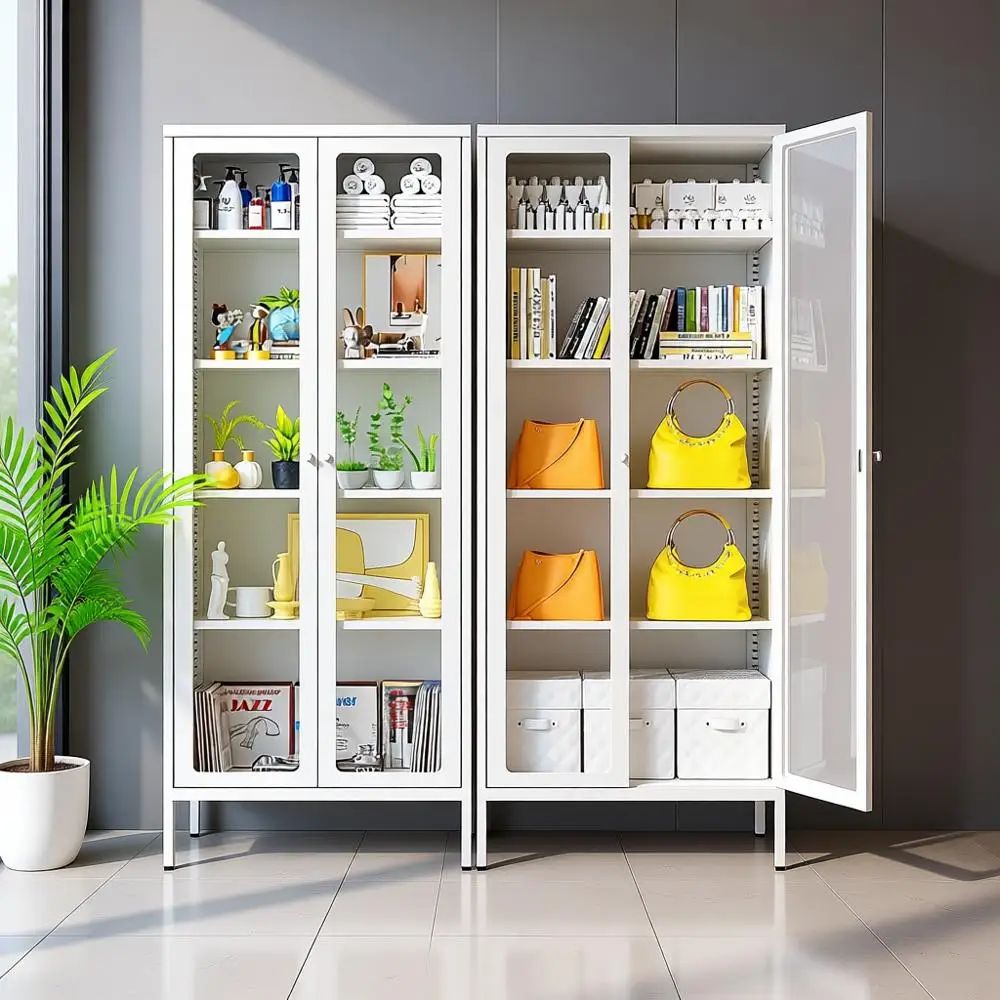 خزانة تحف زجاجية حديثة طويلة مع بابين و4 أرفف، وخزانة كتب للتخزين للمكتب المنزلي وغرفة المعيشة والمدخل
