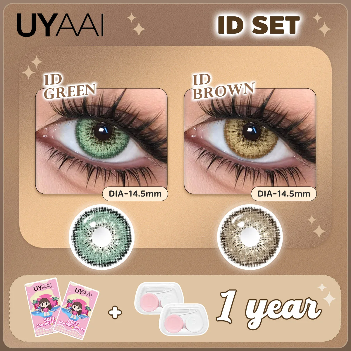 UYAAI [2 Paar Set] Farbige Kontaktlinsen, Schönheits-Make-up-Kontaktlinsen, Kosmetik, grüne Linsen, natürliche schwarze Pupillen, braune Kontaktlinsen