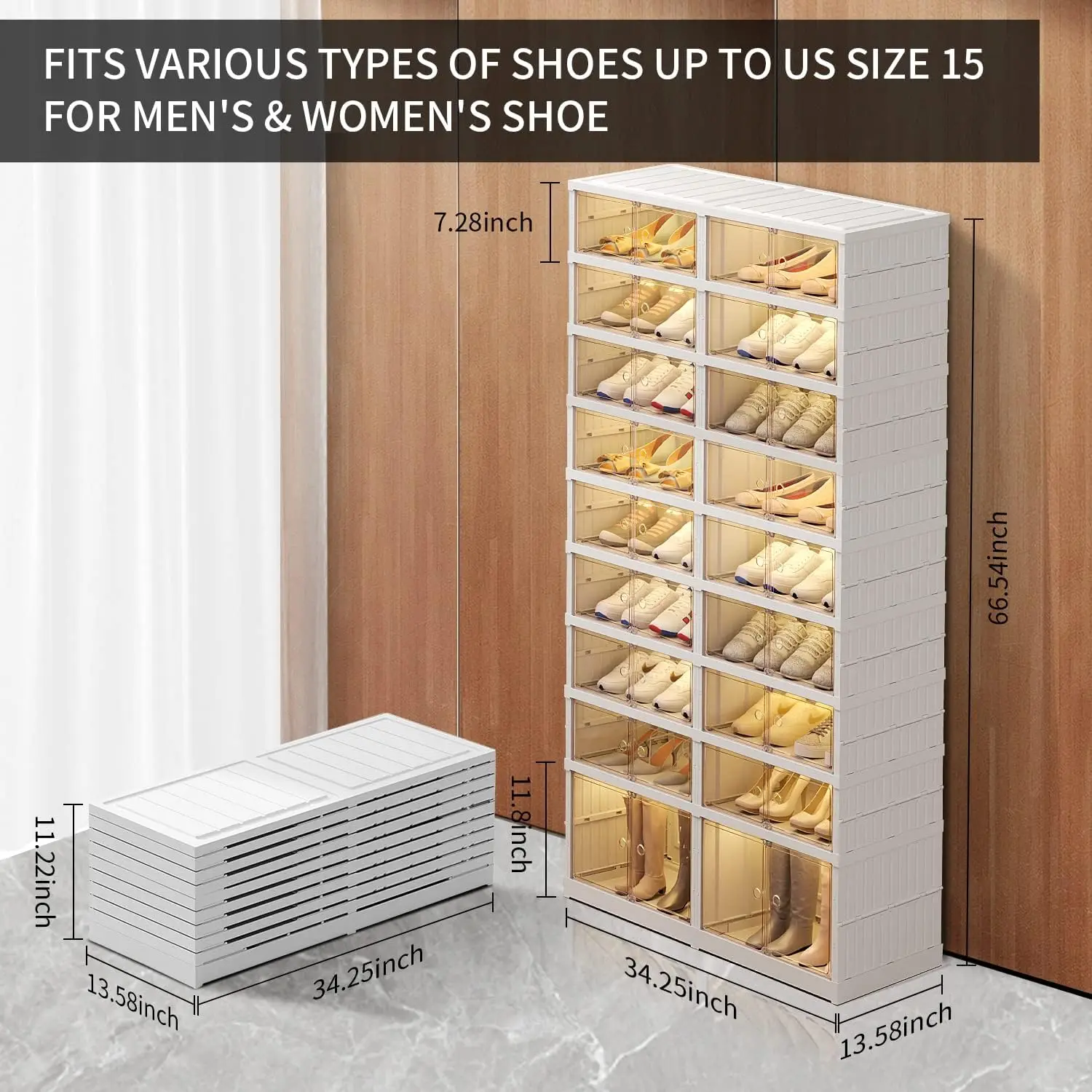 Foldable Shoe Rack Organizer for Closet 36Pairs Plastic Shoe Shelf Collapsible Shoes Storage Box Clear Shoe Boxes Stackable with