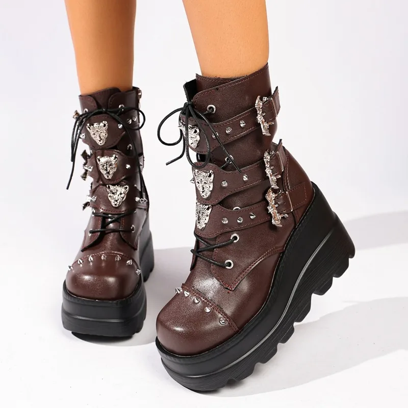 Fashion Punk Style Rivet Buckle Strap Design Thick Soled Women's Ankle Boots 2026 New Trendy Round Toe Wedge Casual Women Boots