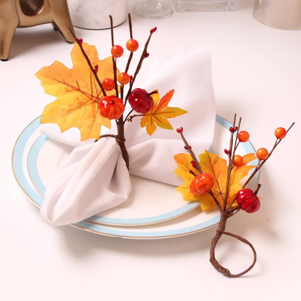 

4PCS Halloween Orange Pumpkin Leaf Napkin Rings Maple Leaf Clasps Autumn Harvest Fruits Napkin Loops Ormosia Serviette Rings