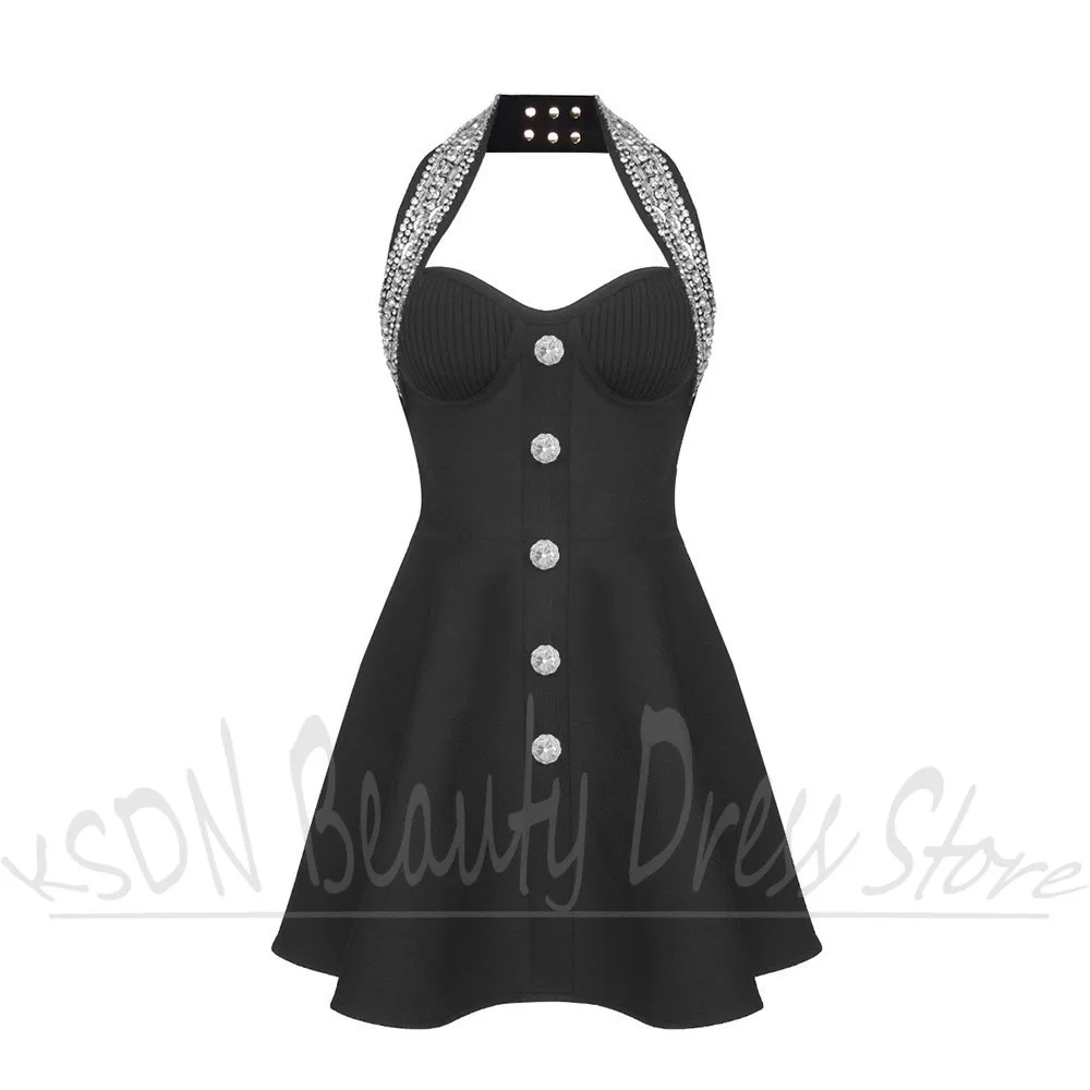 Moda mini vestidos femininos diamantes halter sem mangas vestidos de festa elegante a linha básica formal magro curto vestidos de baile 2025